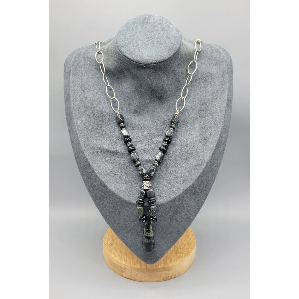 Silver Tone Kabamba Jasper Stone Pendant Necklace N1c